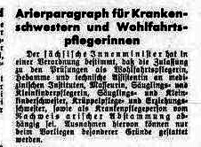 Information zum „Arierparagraph“ in Sachsen auch für Kinder- und Säuglingsschwestern und Hebammen im Israelitischen Familienblatt, 20. Juni 1935 – Nachweis: IF 37 (1935) 25, S. 2, online: UB JCS Ffm: Judaica Ffm, Compact Memory, https://sammlungen.ub.uni-frankfurt.de/cm/periodical/titleinfo/11582831