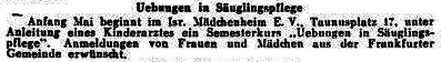 Annonce für Säuglingskurse im Frankfurter Israelitischen Mädchenheim, 1934 – Nachweis: Central-Verein-Zeitung 12 (1934) 9, S. 371, online: UB JCS Ffm: Judaica Ffm, Compact Memory, https://sammlungen.ub.uni-frankfurt.de/cm/periodical/titleinfo/3094408