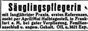 Annonce einer freiberuflichen Säuglingspflegerin für Frankfurt a.M. in Der Israelit 28.01.1937 – Nachweis: It 78 (1937) 4, S. 16, online: UB JCS Ffm: Judaica Ffm, Compact Memory, https://sammlungen.ub.uni-frankfurt.de/cm/periodical/titleinfo/2450965