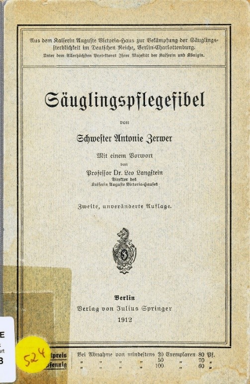 Abbildung: Titelblatt Säuglingspflegefibel, Abb. 14: Seite 9. Beispiel des Frage- zweite, unveränderte Auflage. Berlin 1912